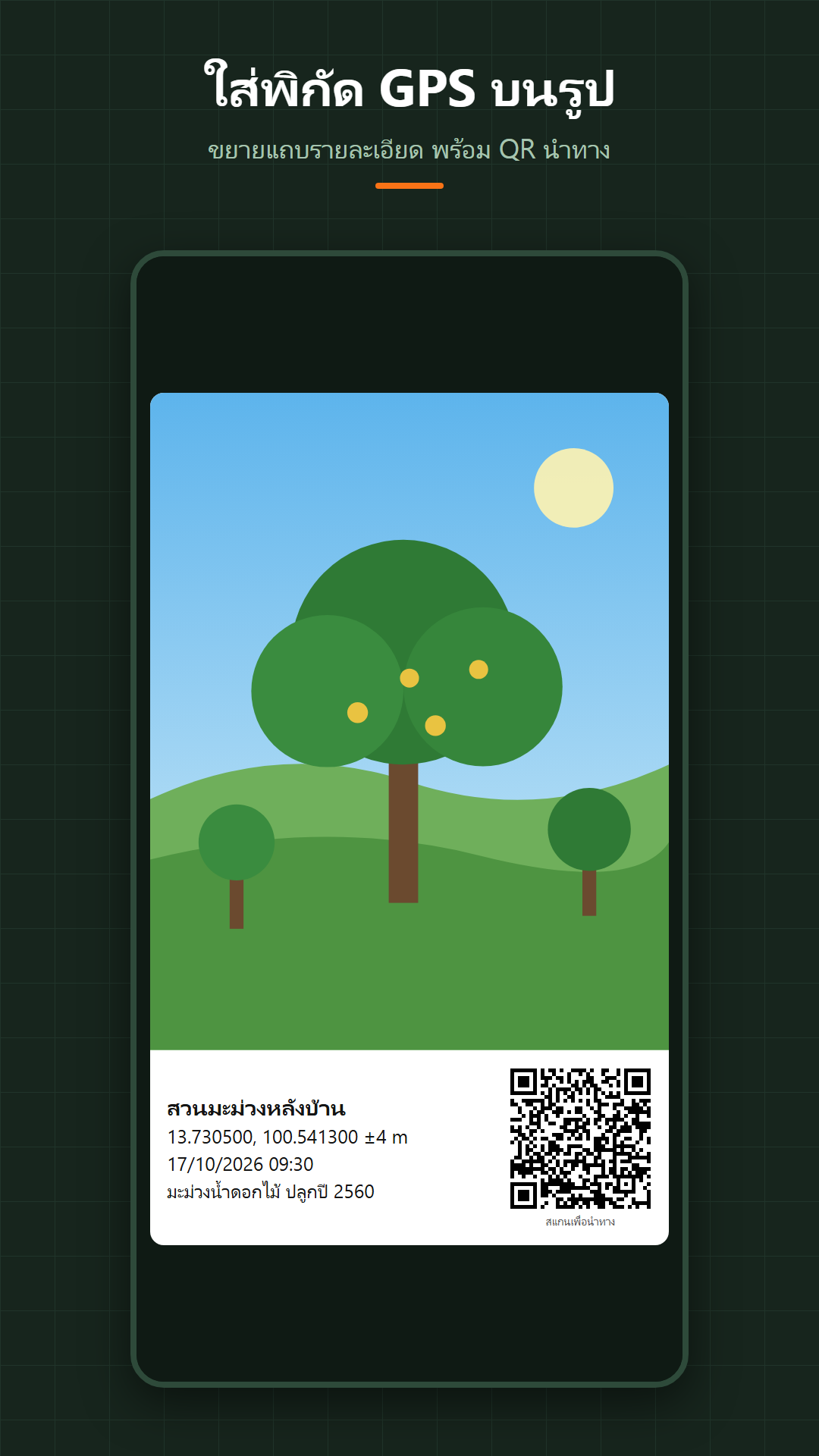 รูปที่ใส่พิกัด GPS และ QR นำทาง